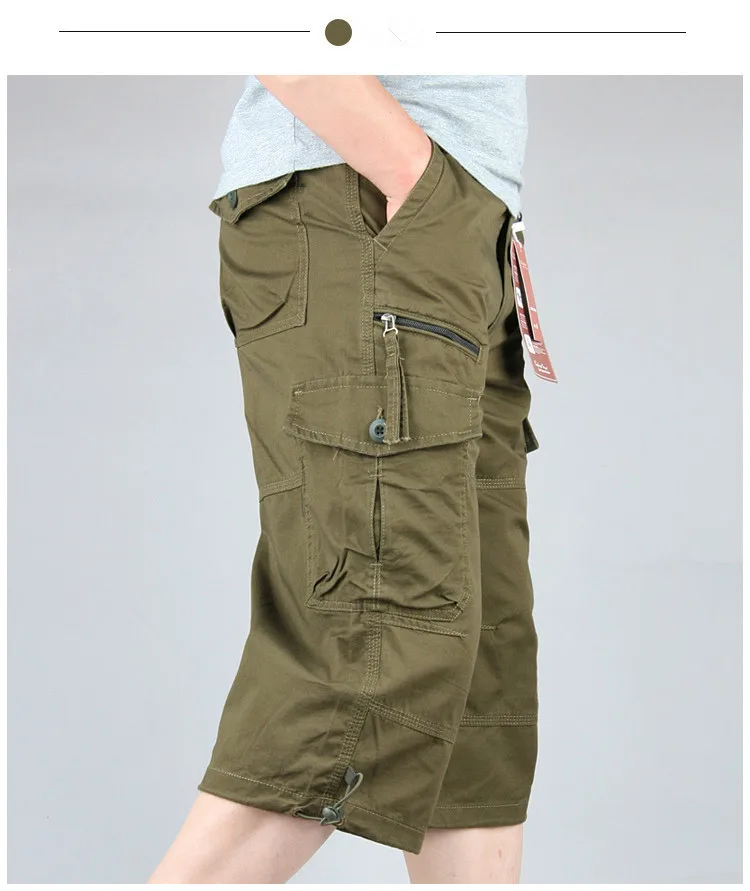 Knee Length Cargo Shorts Men's Summer Casual Cotton Multi Pockets Breeches Cropped Short Trousers Military Camouflage Shorts black casual shorts