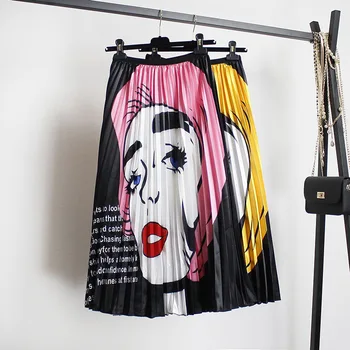 

2019 Summer Europen Catroon Print High Waist Pleated Skirt High Street A-line Women Skirts Party Casual Midi calf Long Skirt
