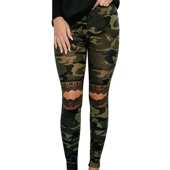 

Camouflage Printed Womens Skinny Pants Full Length Lacework Hollow Out Pencil Pants Elastic High Waist Ladies bottoms Trousers