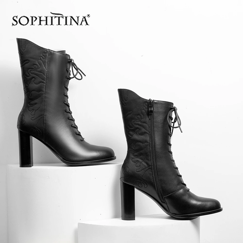SOPHITINA/ботинки специального дизайна на шнуровке; удобная обувь из высококачественной натуральной кожи на квадратном каблуке с острым носком; ботильоны; MO360