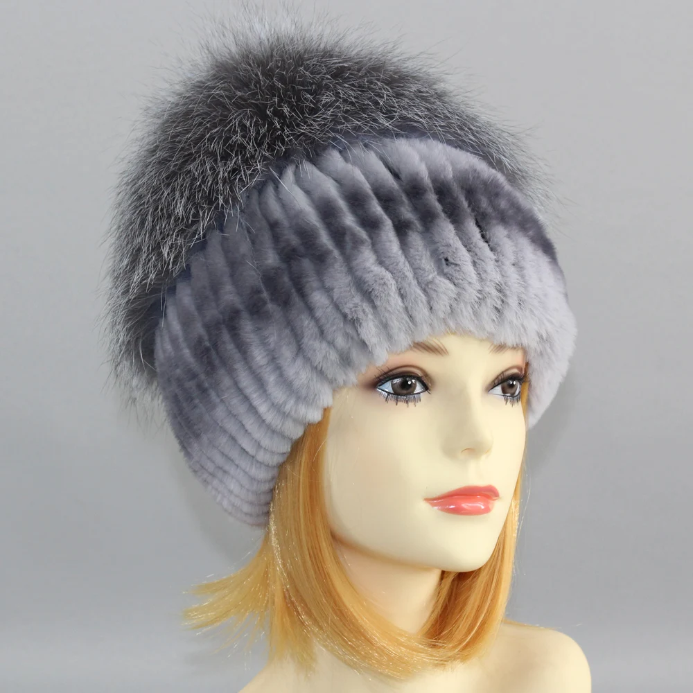 Hot Sell Winter Lady Beanie Hat Women Real Rex Rabbit Fur Hats Knitting Thicken Fur Hat Female Luxury Fox Fur Cap Beanies