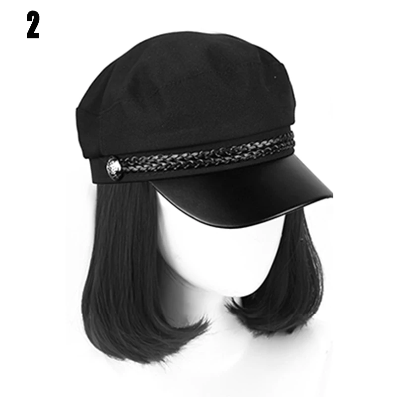 Hats with Wig Attached for Women Cap with Short Bobo Black Straight Hair Costume Disguise KG66