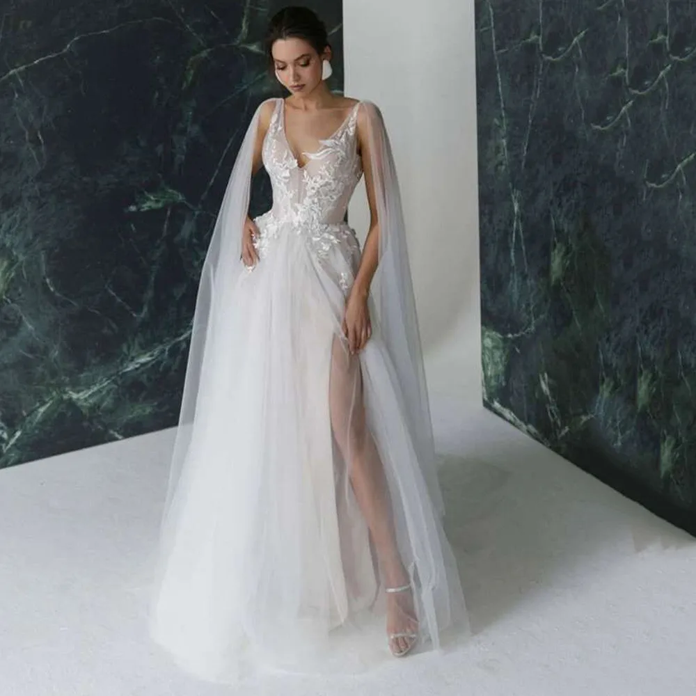 Sexy Beach Wedding Dresses 2022 Lace Bride Dress A Line Split Side V