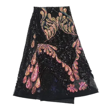 

Embroidery Leaves Pattern Lace with gold Sequins Hot Sale African French Tulle Mesh Lace Fabric glitter Lace Fabric for Bridal