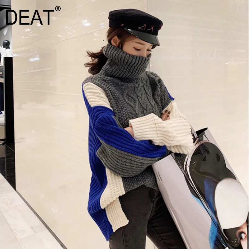 DEAT 2019 Autumn And Winter New Products Fashion Eight-strand High Collar Color Matching Pullover Sweater Women PB048 | Женская одежда