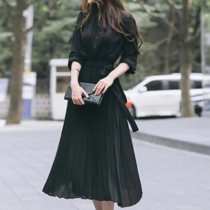 Платье женское черное с длинным рукавом элегантное миди шифоновое moda feminina vestido manga larga торжественное платье женское элегантное roupas feminina