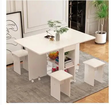 Household folding dining table movable telescopic rectangular multifunctional table and chair combined dining