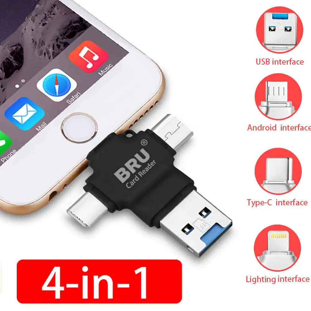 BRU 4 в 1 кардридер для iPhone5 6s 7Plus 8X MicroSD TF кардридер памяти для iPad Macbook type-c Android телефон OTG адаптер