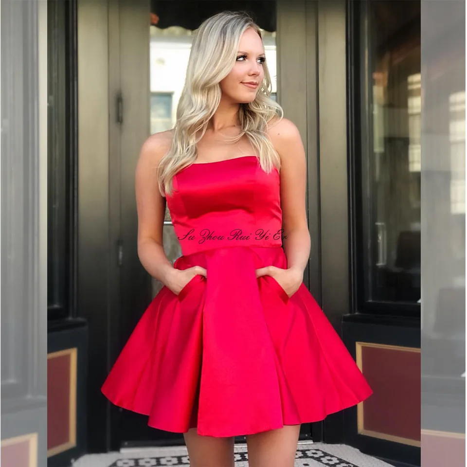 Vestido De Formatura, без бретелек, платья для выпускного вечера, мини-выпускные платья, корсет на спине, ТРАПЕЦИЕВИДНОЕ атласное короткое платье для выпускного вечера с карманами - Цвет: Красный