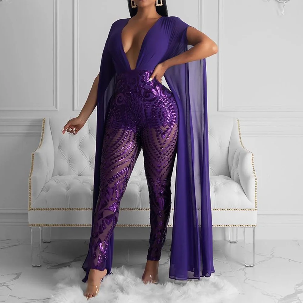 

Sequins Sexy Evening Party Women Long Sleeve V Neck Mesh Patchwork Transparent Ladies Party Rompers Long Jumpsuits Plus Size