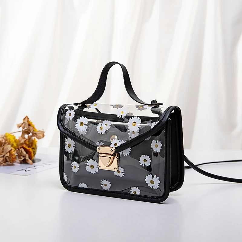

2020 Fashion Women Transparent Daisy Pattern Shoulder Bag Hardware Chain Strap Color Block Messenger Handbag Composite Tote