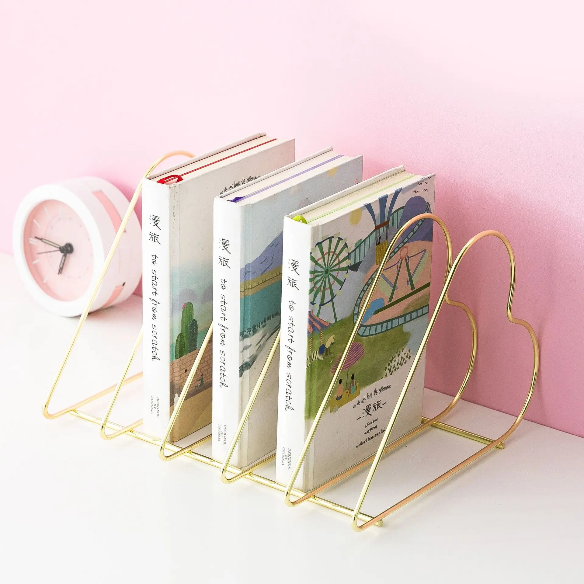 

New Arrived Magazine Holder Metal Rose Gold Heart Shaped Bookshelf Document Folder Letter and Book Desk Document Organizer