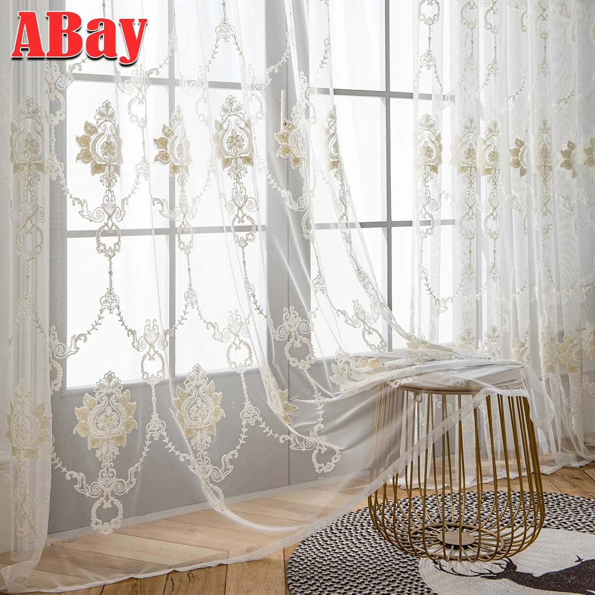 

European White Embroidered Floral Tulle Curtain for Living Room French Semi Sheer Drape Window for Bedroom Linen Textured Drapes