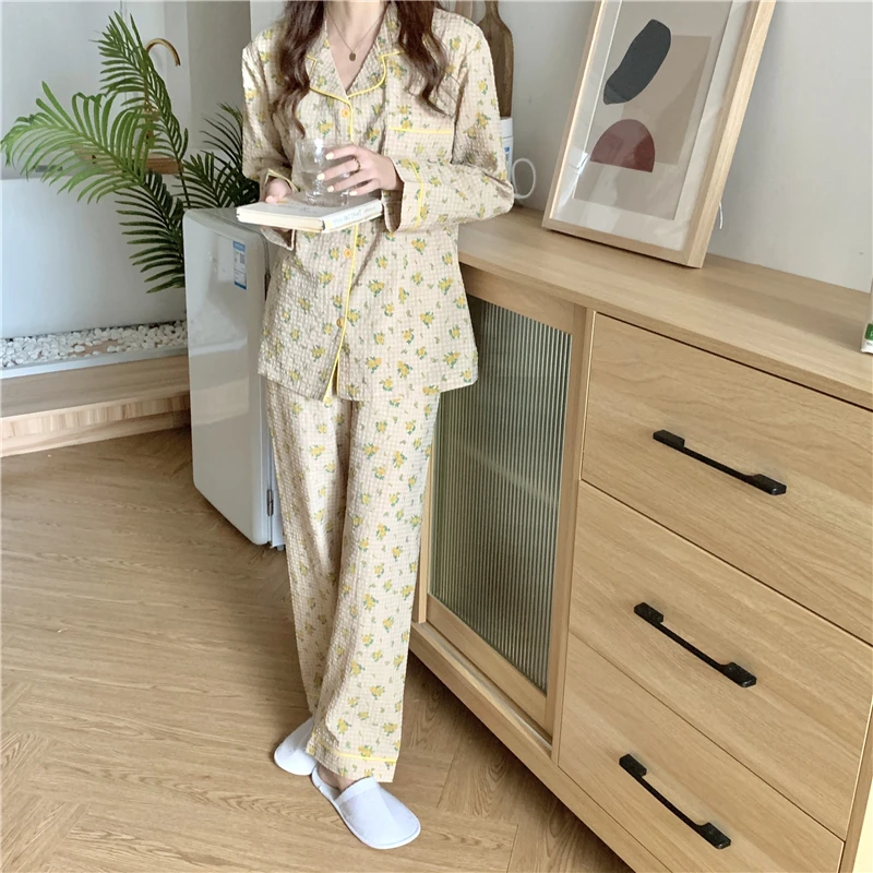 

vintage floral print pajama set women sleepwear home clothes cotton long sleeve spring homewear 2 piece set pijamas suit L971