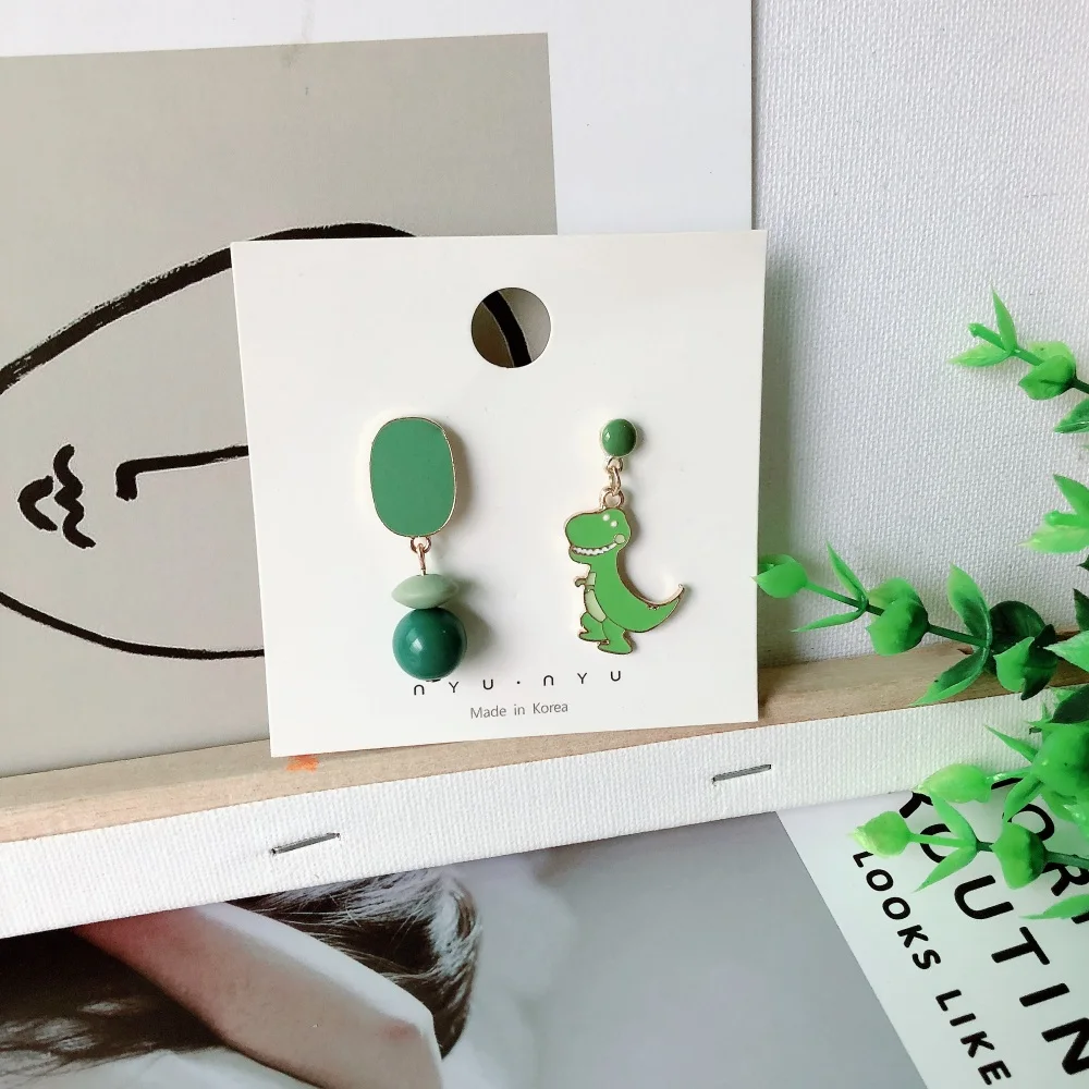 SQUERIM New Arrival S925 Creative Unique Asymmetry Dinosaur Drop Earrings for Women Green Cool Girl Korean Earrings jewelry