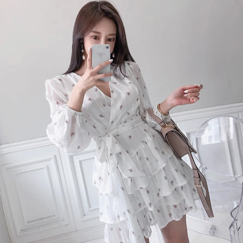 

2019 Autumn And Winter New Style Korean-style Fashion Elegant Slimming Fairy-Style Cake Dress Printed Lace-up Dress 6233