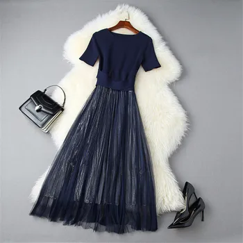 

Women Fashion Designer Runway Summer Dress Short Sleeve Knitting Patchwork Mid Calf Mesh Party Dresses Elegant Lady Vestidos