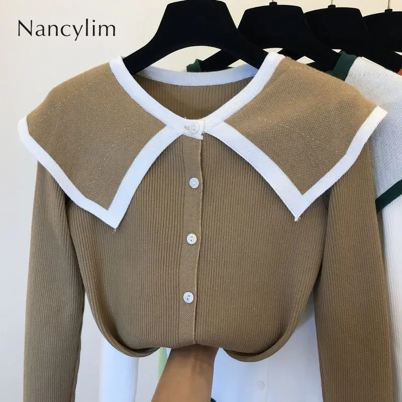 

Korean Style Color Matching Doll Collar Knitted Cardigan Women 2019 Autumn Outwears Sweater Coa Long Sleeve Knitting Blusas New