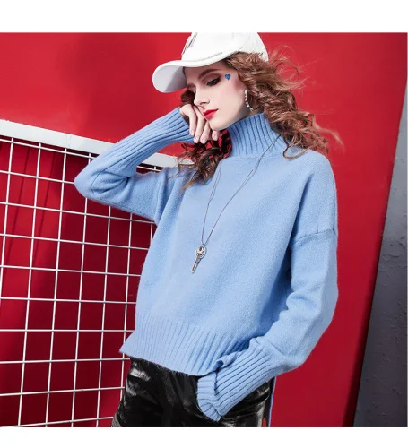 Blue Осень, женские пуловеры, компьютерная вязка, для офиса, для девушек, хлопок, водолазка, свитера, женские пуловеры, полностью одноцветные, повседневные пуловеры - Цвет: Blue