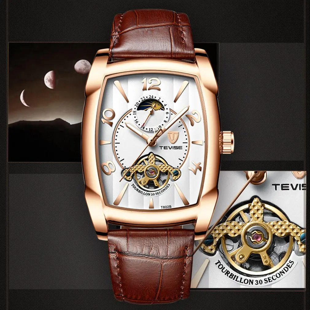 

TEVISE Men'S Watch Fashion Business Mechanical Watch Multi-Function Watch Male Leather Mechanical Watch