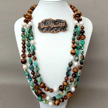 

Multi Strand Natural blue howlite White freshawater Pearl Tiger Eye Necklace 23"