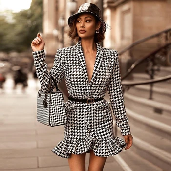 

New Plaid Women's Bodycon Dress Lapel Long Sleeve Ruffle Celebrity Runway Club Party Mini Dress 2020 Winter Fashion New Clothing