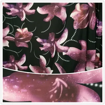 

Soft milk silk black background pink lily flower pattern cloth fabric for sewing Latin dance DIY Fabric Material 1Meter