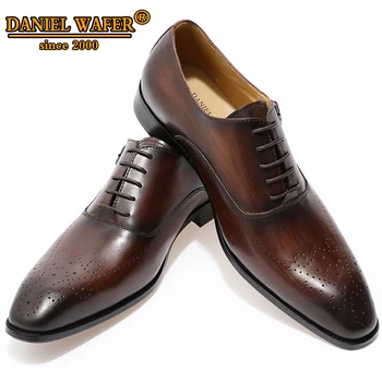 

ELEGANT MEN GENUINE LEATHER OXFORD SHOES MEN BUCKLE STRAP OFFICE DRESS WEDDING SHOES BROWN BROGUE POINTED TOE MEN FORMAL SHOE