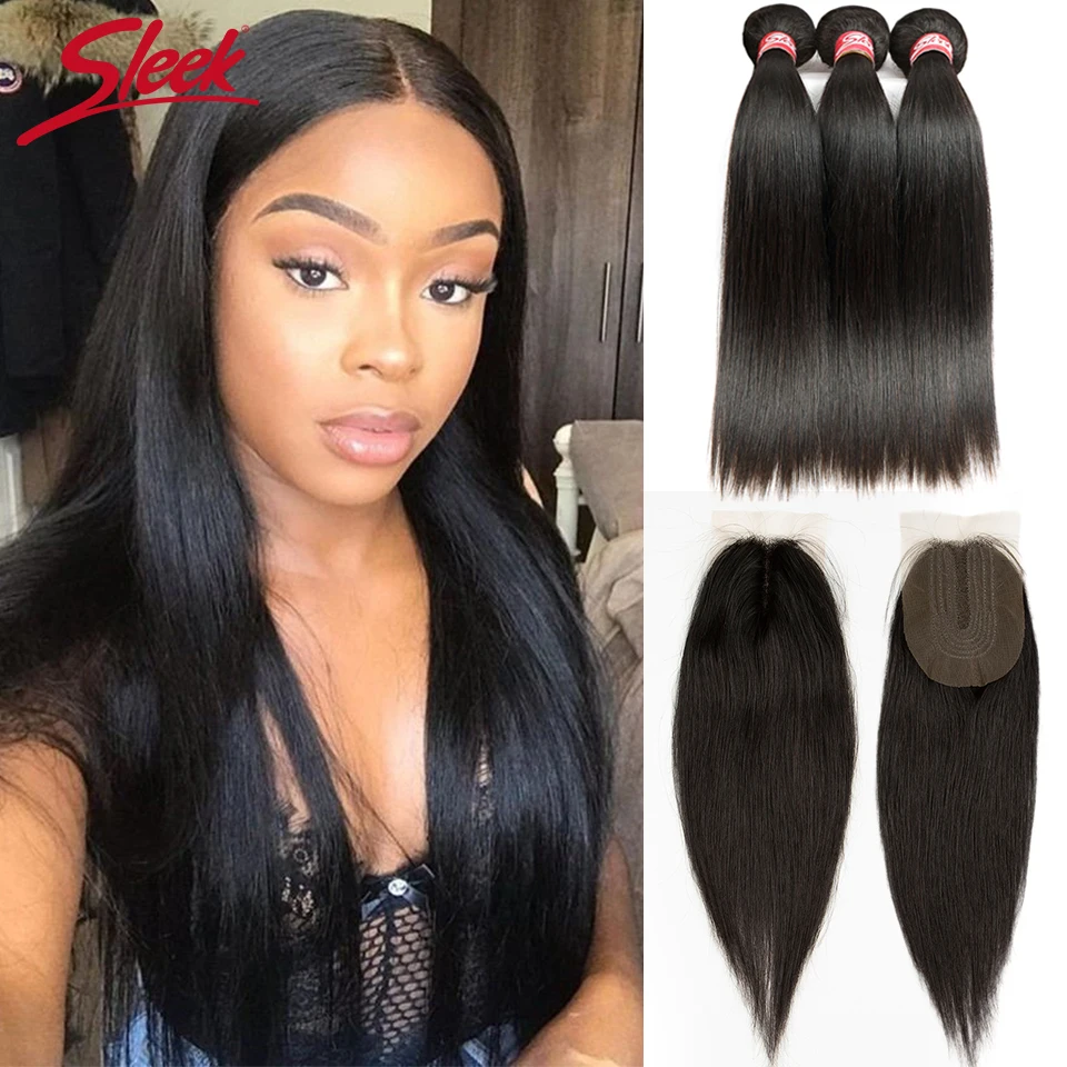 Feixes de Cabelo Elegante com Fechamento do Laço Pacotes com 2x4 Liso Brasileiro Natural Tecer Cabelo Remy Humano 3 Cor 2 Pacotes com 3/4 com fecho