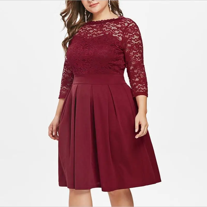 jujube red Повседневное платье, женское платье большого размера, XL-5XL, весна-лето, платья для женщин, плюс размер, однотонное кружевное вечернее платье, vestidos - Цвет: jujube red