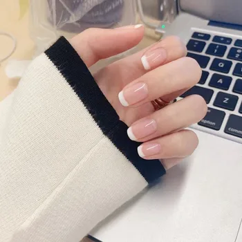 

24Pcs Pop Natural French UV Gel Short False Nails 2 Styles Acrylic Classical Full Artificial Nails for Home Office Faux Ongles