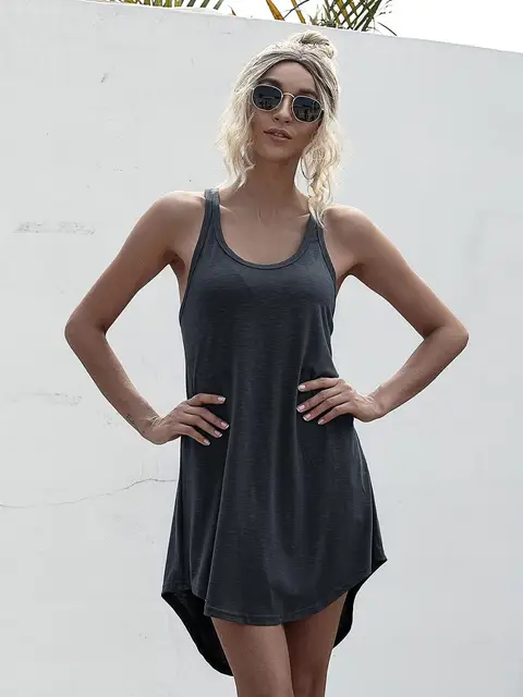 Solid Casual O-neck Sleeveless Tank Dress Women Loose Off Shoulder Asymmetrical Cotton Mini Dress Summer Y2K Vestidos Streetwear 5