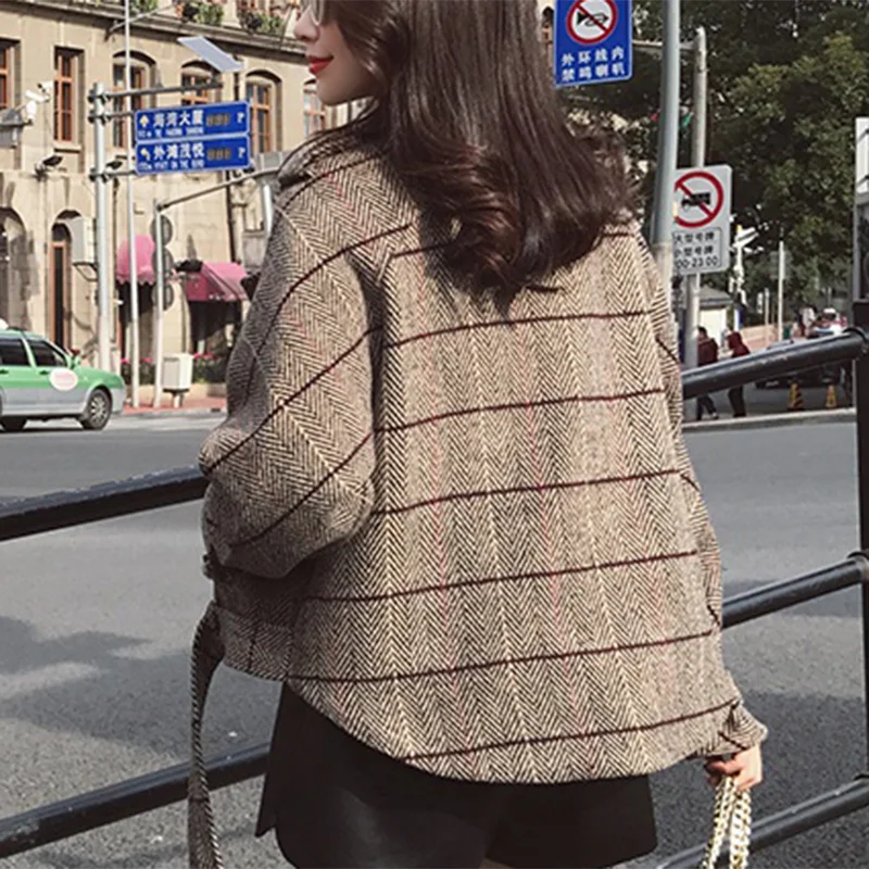 Женское винтажное клетчатое пальто, верхняя одежда, зимняя одежда, Модное теплое шерстяное женское элегантное двубортное шерстяное пальто