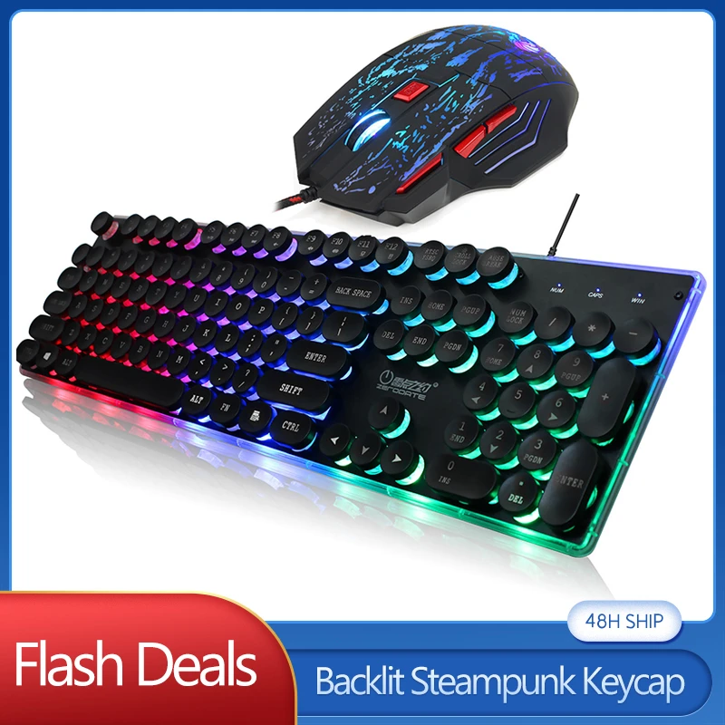 

Vintage Steampunk Keyboard Rainbow 104 Keys Backlit Metal Panel Keypad With Mouse 5500dpi 3200dpi 2400dpi USB Mouse PC Computer