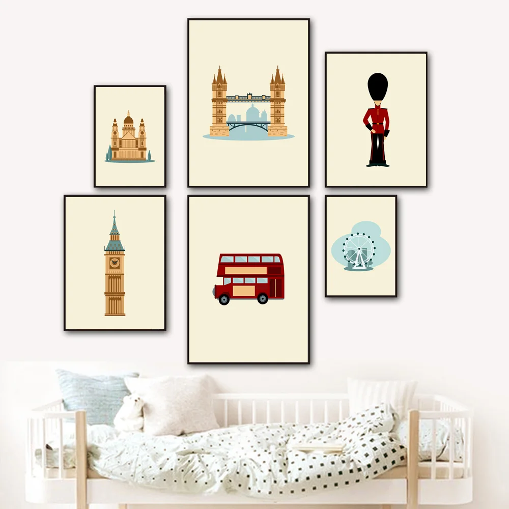 

London Tower Bridge Big Ben Bus Guard Telephone Wall Art Canvas Painting Nordic Posters and Prints Wall Pictures Kids Room Decor