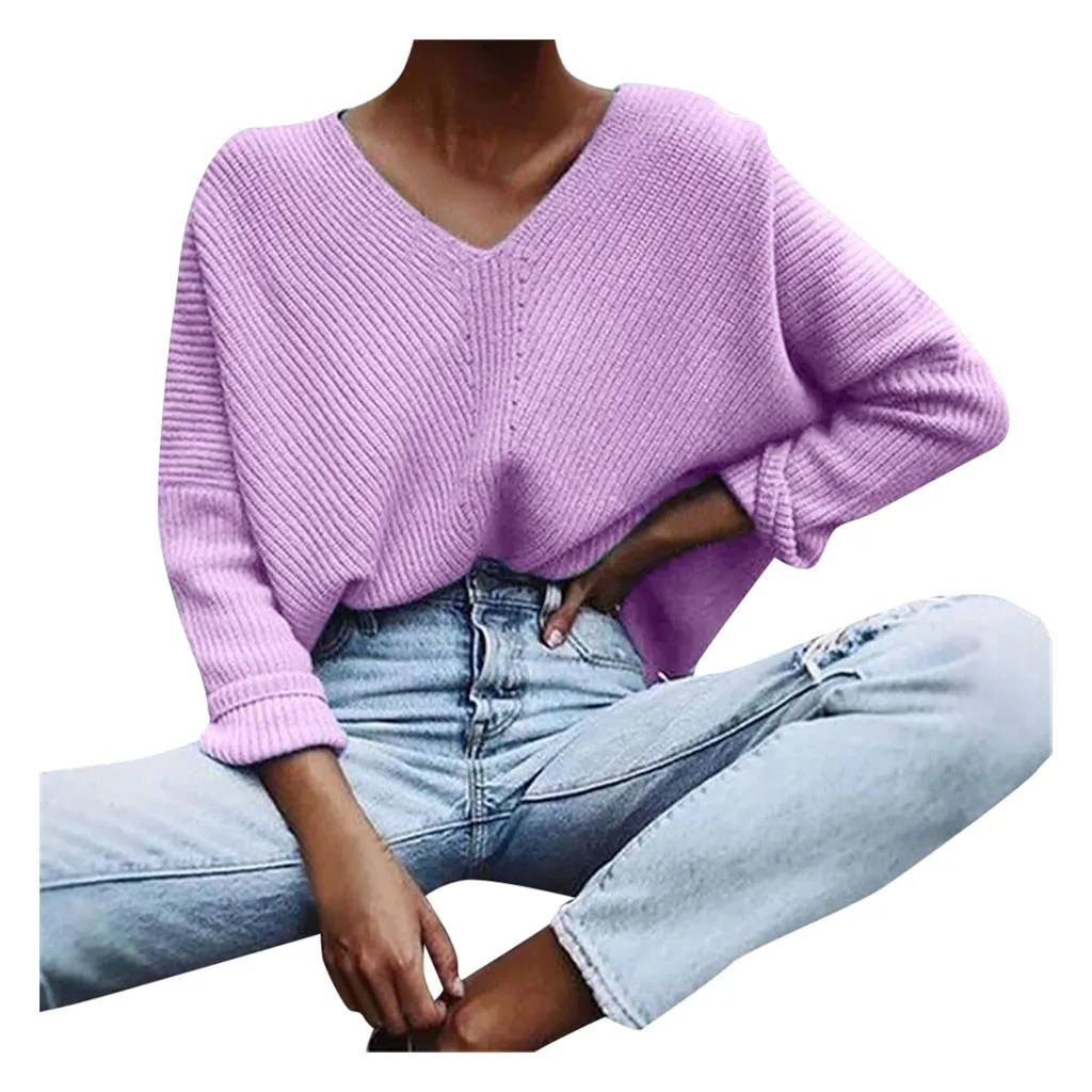 

Casual Knitted Sweater Women Streetwear V Neck Long Sleeve Pullovers Loose Solid Coat 2019 Autumn Winter Jumper Pull Femme or23