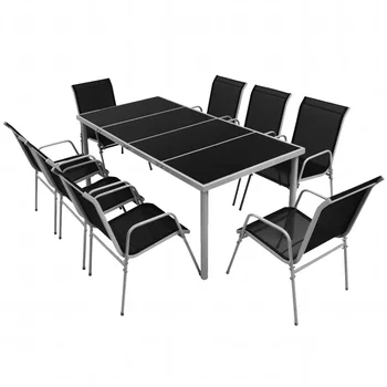 

New Arrival 9 Pieces Outdoor Dining Set Steel Black For Garden/Balcony/Patio Simple Fashion Glass Top Table