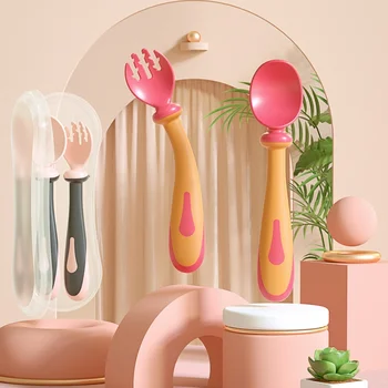 

Bendable Baby Spoon Fork Set with Storage Box Feeding Training Spoon Portable Children Kid Tableware Home Kitchen Dinnerware