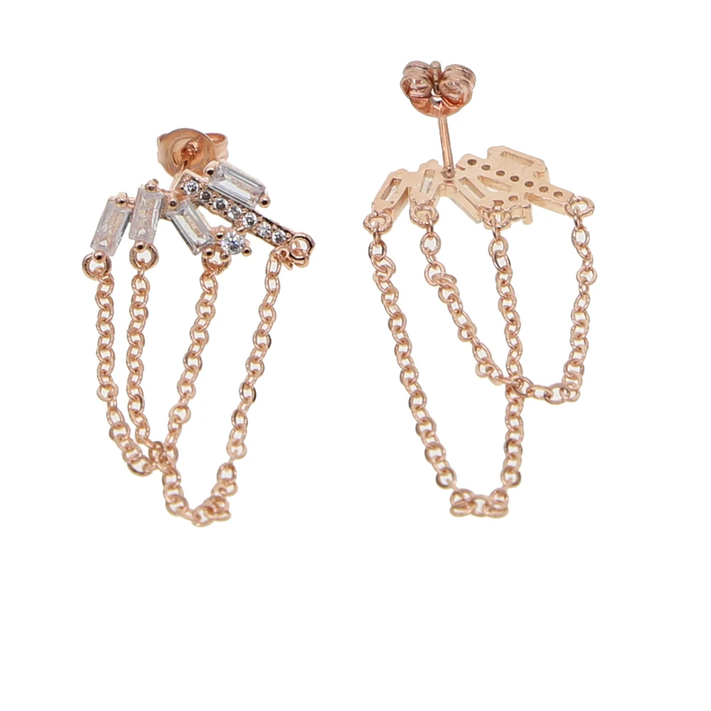 Rose gold color white square cz chain earrings for women pink long tassle earrings fringe jewelry gift