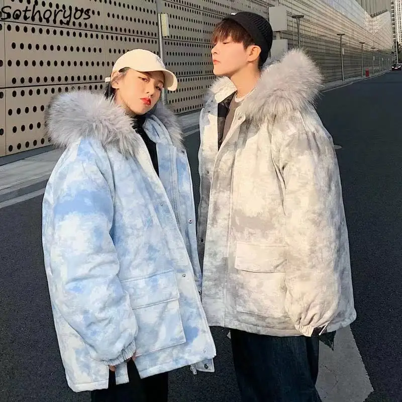 

Winter Couples Parkas Women High Street Handsome PopularHooded Furry Collar Overcoat Warm Tie Dye Fashion Outerwear Cargo Ins