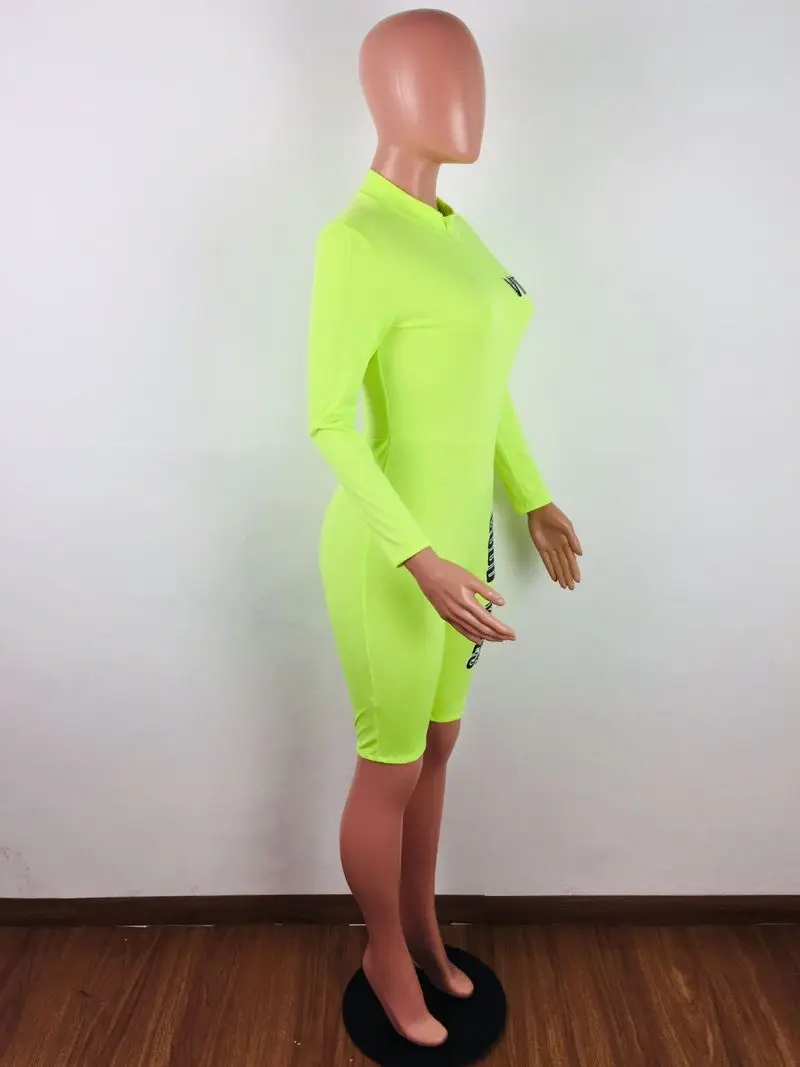 Неоновый зеленый Для женщин с длинным рукавом на молнии Bodycon комбинезон для фитнеса цельные штаны с буквенным принтом тонкий короткие комбинезоны в уличном стиле
