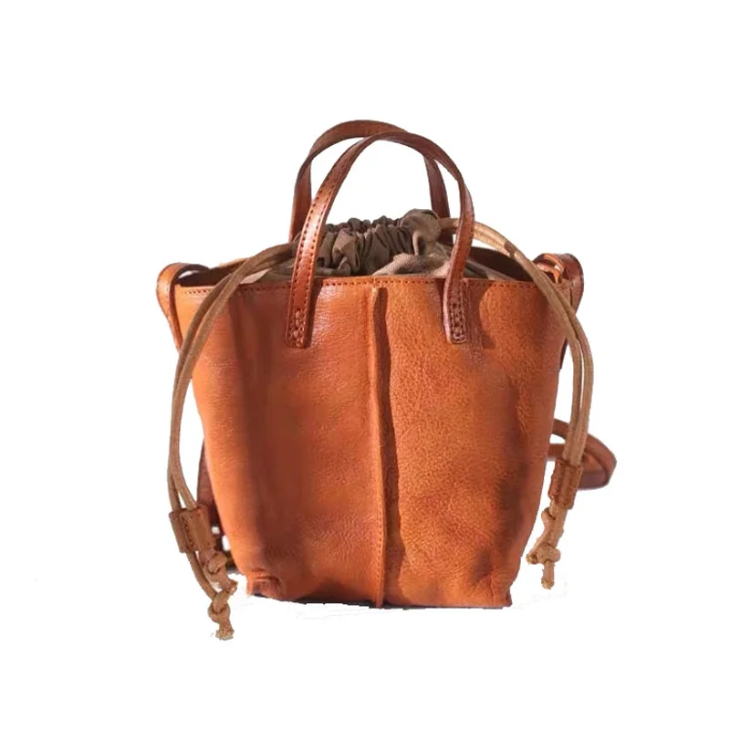 

Japanese Style Retro National Wind Leather Drawstring Bucket Bag Vegetable Tanned Cowhide Handbag Casual Bag Free Shipping