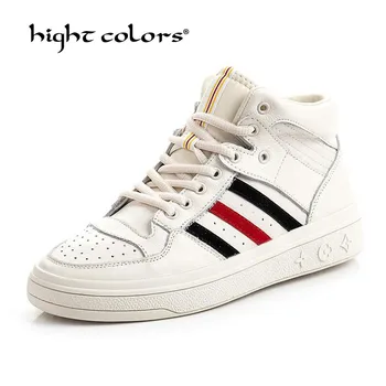 

New 2020 White Women Fashion Sneakers High Top Lace Up Flat Platform Casual Shoes Woman Brand Genuine Leather Shoes Hww-1014