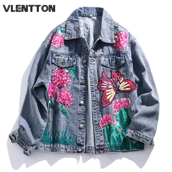 

2020 Spring Autumn Fashion Beading Print Sequins Denim Jacket Women Casual Loose Jeans Coat Female Outwear Tops Casaco Feminino