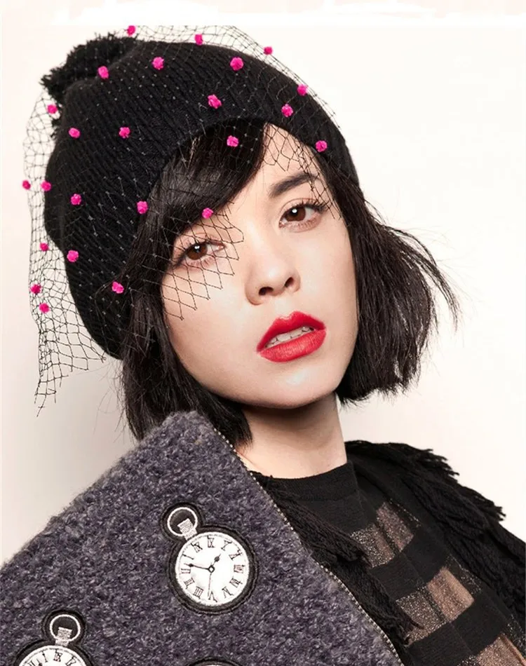Осенне-зимняя модная женская вязаная шапочка в винтажном стиле, украшенная сеткой, вязаная шапочка черного цвета, высокое качество, модная распродажа