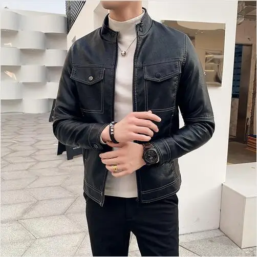 Черное Мужское пальто из искусственной кожи, S-3XL, модная мужская мотоциклетная куртка, Осенние повседневные мужские пальто из искусственной кожи - Цвет: Синий