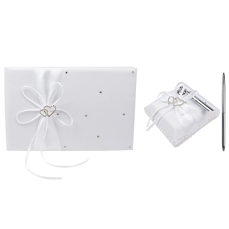 Wedding Guest Attendance Book Pen Holder Sets with Double Heart Bow Diamond Decoration Signature Book Wedding Supplies