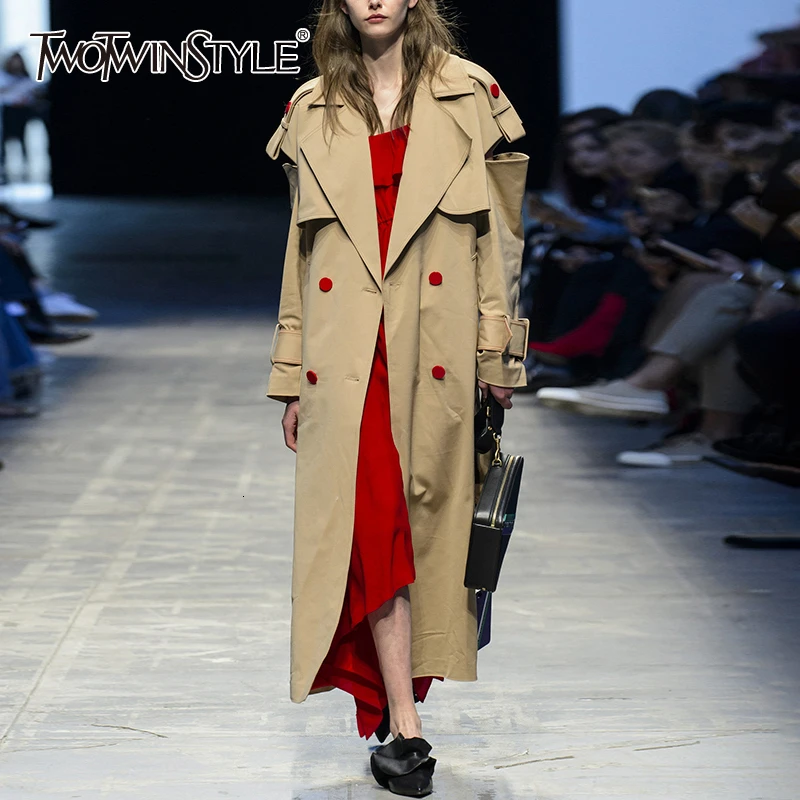 

TWOTWINSTYLE Hollow Out Trench Coat For Women Notched Long Sleeve Patchwork Straight Female Windbreaker 2019 Autumn Fashion New