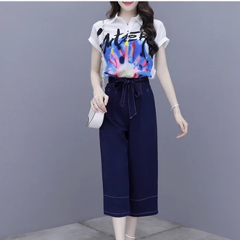 

Summer Women's Clothing Flower Printted Short Sleeve Shirt Chiffon Blouse + Slim Belt Wide Leg Pants Suits Two piece Set Outfit