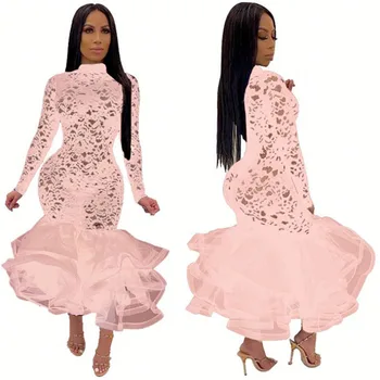 

2020 New Pure Color Fashion Sexy Lace Perspective Hollow Stretch Long Sleeve Ruffled Fishtail Party Dress Casual Club Dress Spot